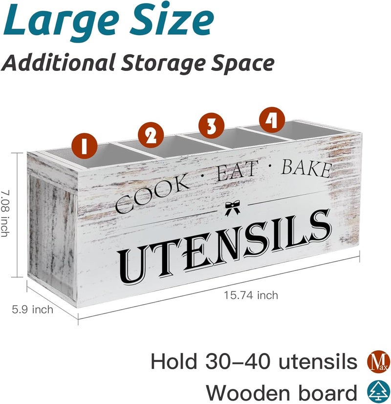 Suli Extra Large Kitchen Utensils Holder with 4 Compartments, Wooden Utensil Organizer for Kitchen Countertop, Farmhouse Decor, Rustic Cooking Utensil - White grain - Image 2